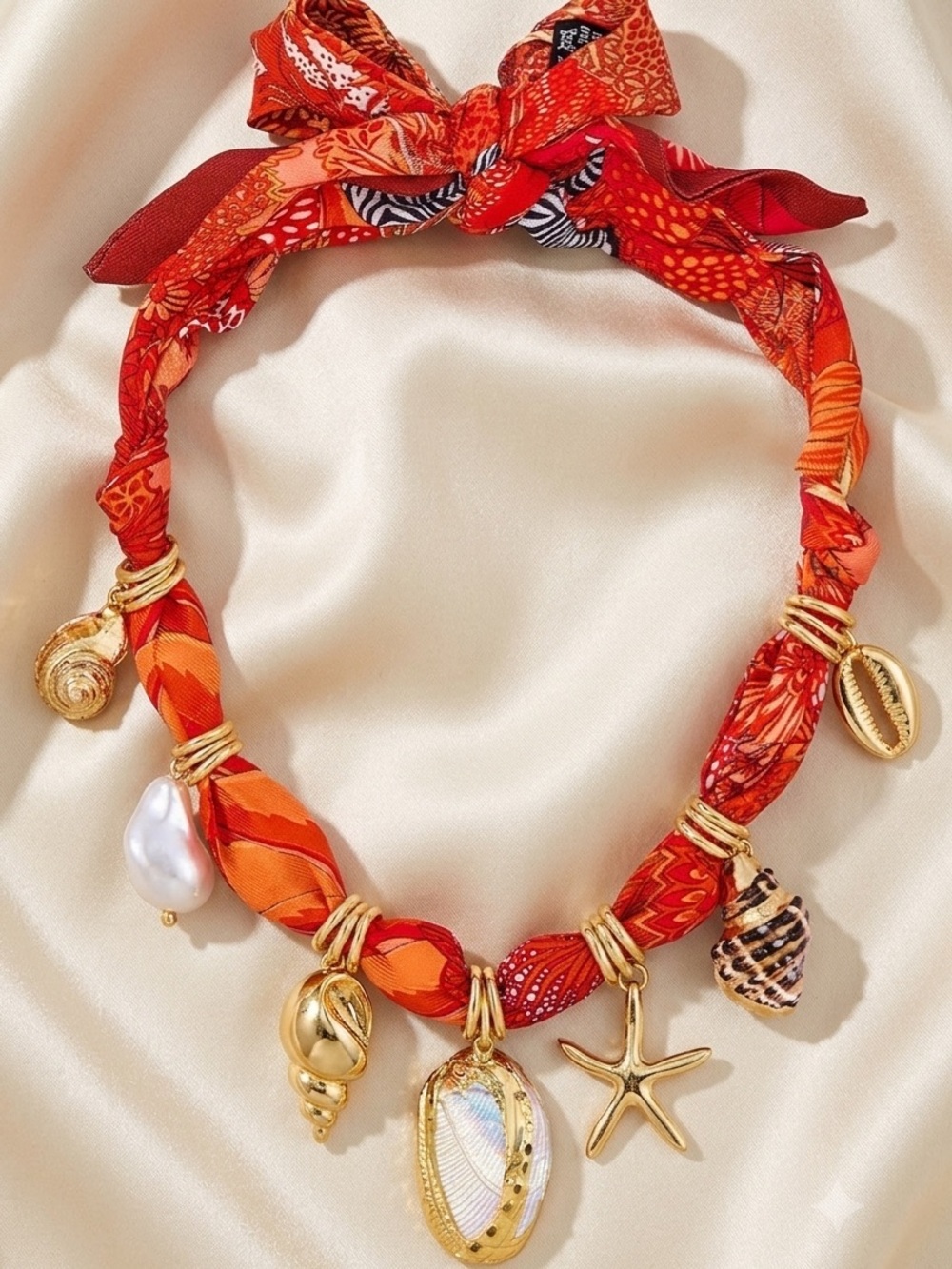Coastal Red And Orange Scarf Gold Shell Charm Necklace